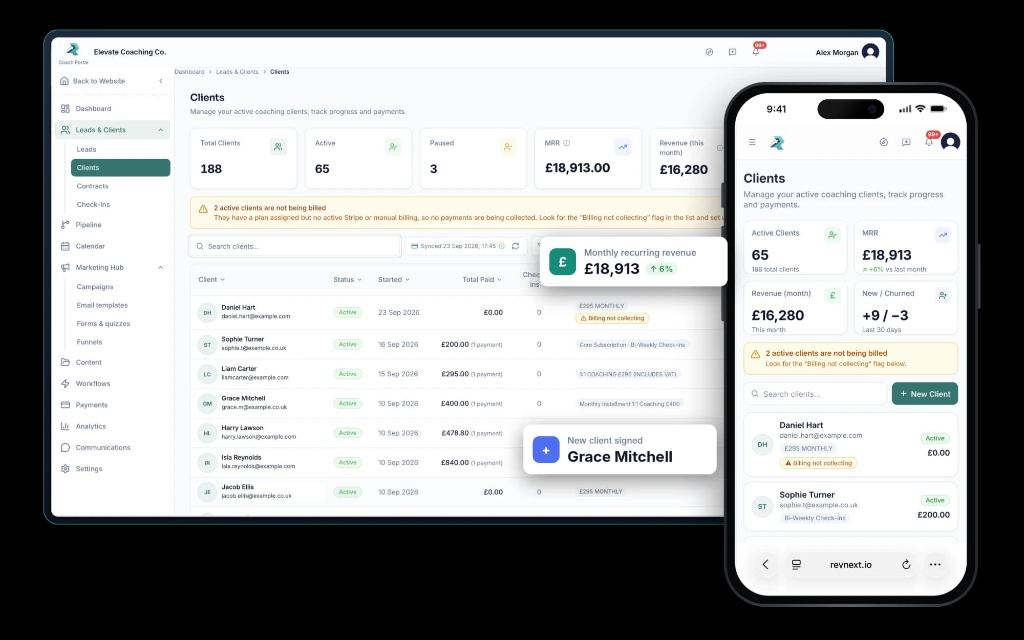 RevNext Clients page on tablet and phone
