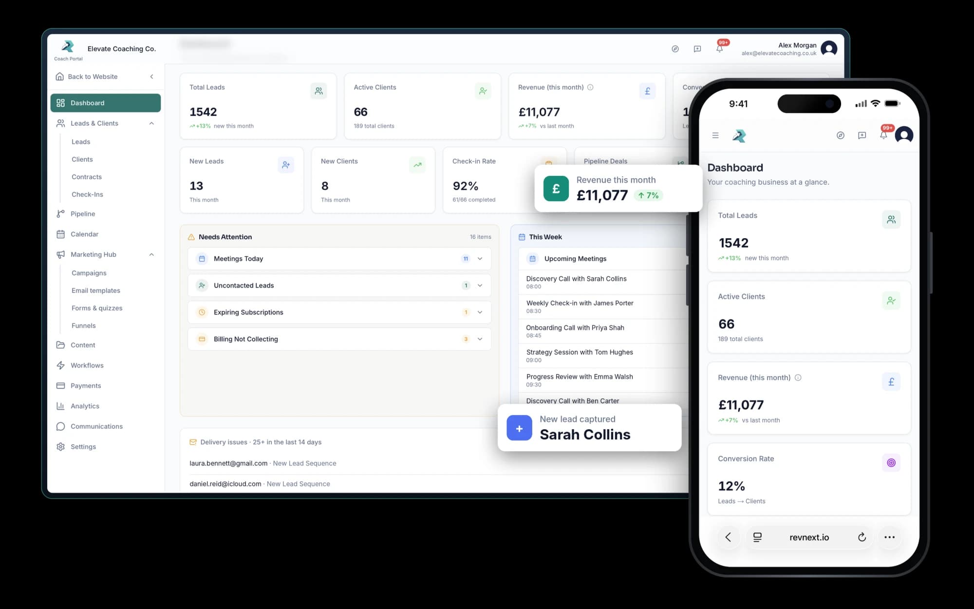 RevNext Dashboard on tablet and phone