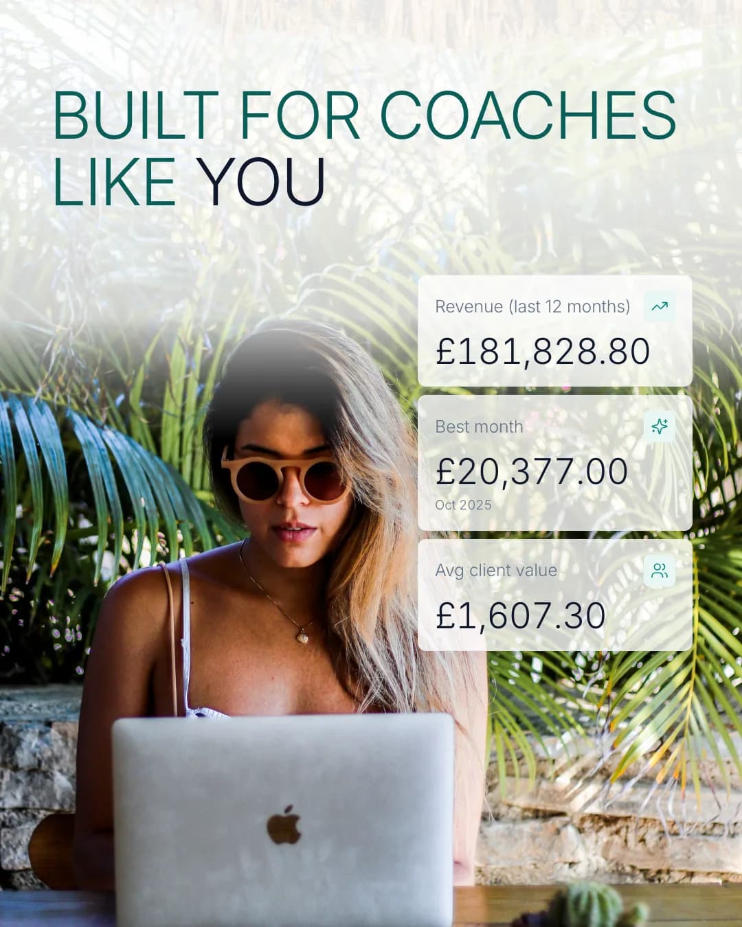 Coach working on a laptop in bright tropical sunshine beside RevNext revenue cards showing £181,828.80 over the last twelve months, a £20,377 best month and £1,607.30 average client value — headline: built for coaches like you