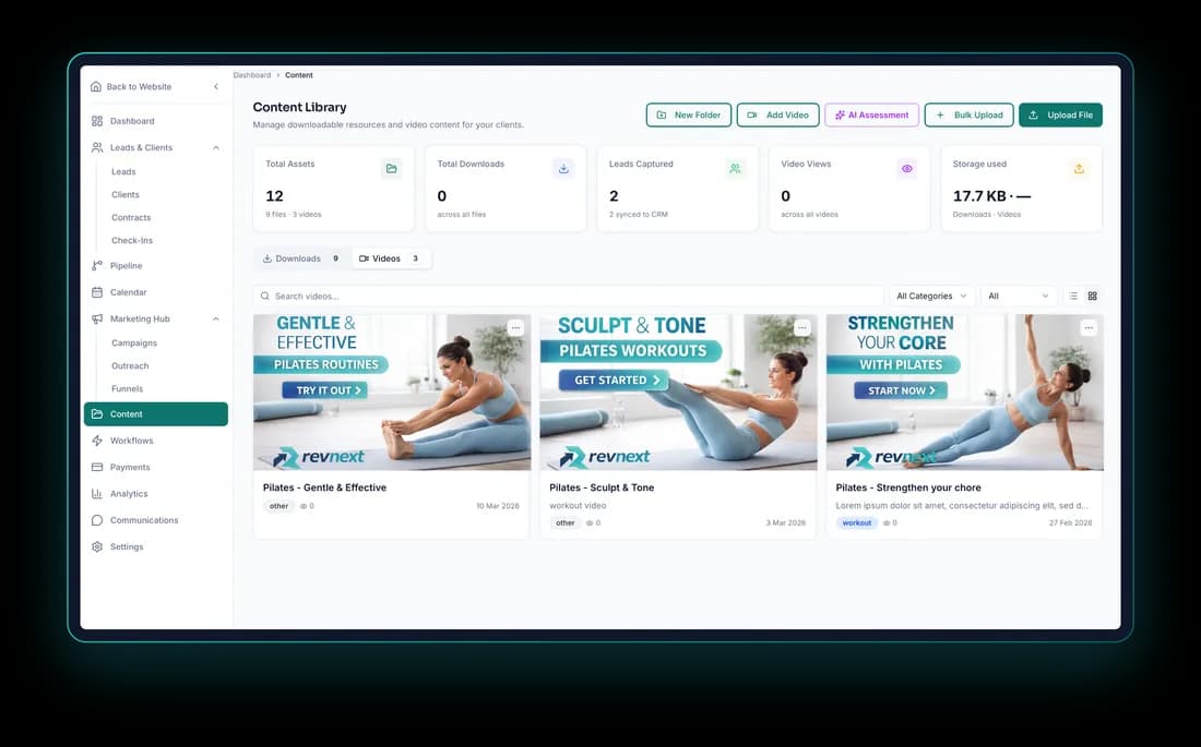 RevNext Content Library showing Pilates workout video cards and downloadable resources, with totals for assets, downloads, leads captured and video views
