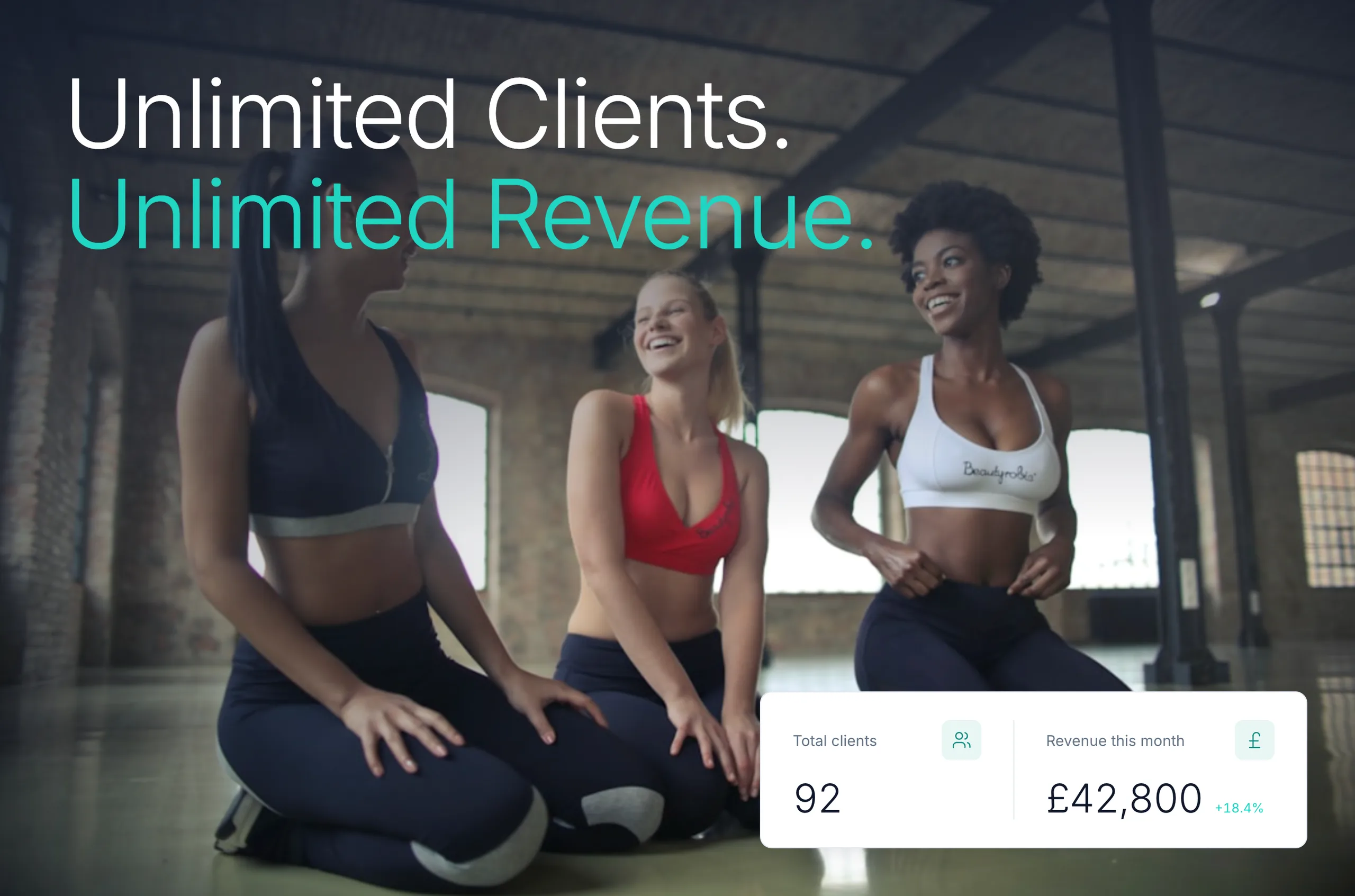 Three coaches laughing together in a bright warehouse gym, beside a RevNext stat card showing 92 total clients and £42,800 revenue this month, up 18.4%