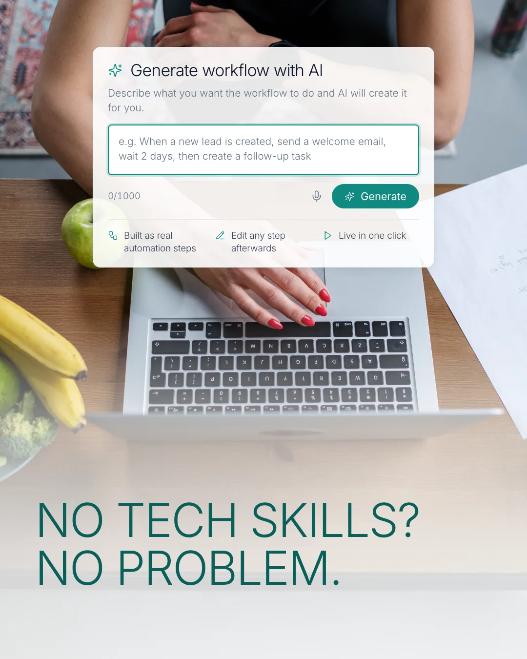 Hands at a laptop beside a healthy breakfast, with RevNext's Generate-workflow-with-AI panel describing an automation in plain English — headline: no tech skills? No problem