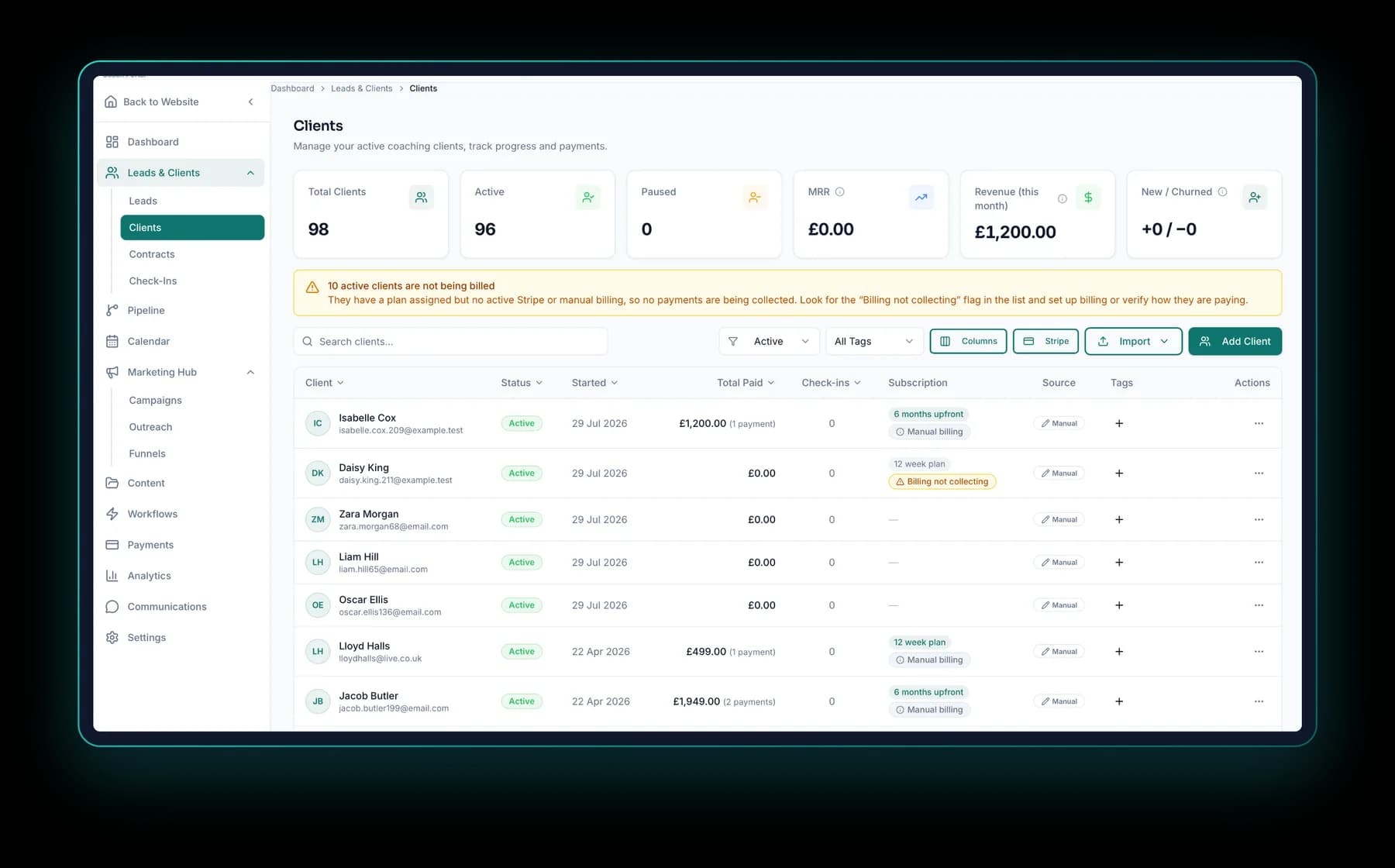 RevNext Clients screen listing coaching clients with status, start date, payments taken, check-ins and subscription plans, beneath headline stats for 98 total clients and monthly revenue