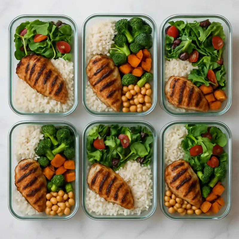 Meal-prep containers with chicken, rice, vegetables and salads